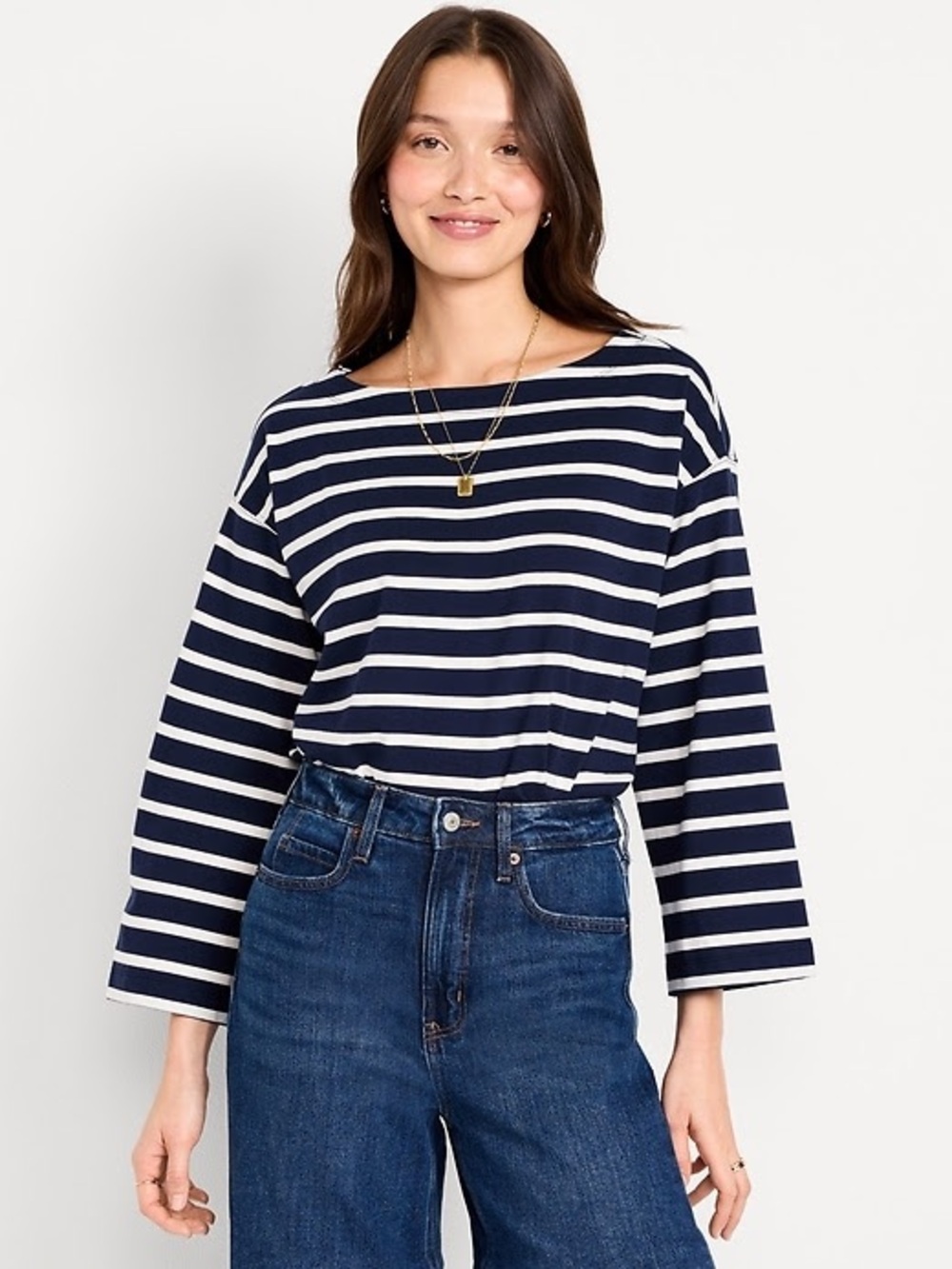 Old Navy Navy and White Striped Long Sleeve Boatneck Top